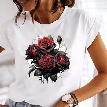 (Азиатский размер) Милый цветочный тренд Одежда с коротким рукавом Футболка с принтом Модная женская повседневная женская футболка Топ Женская женская графическая футболка S