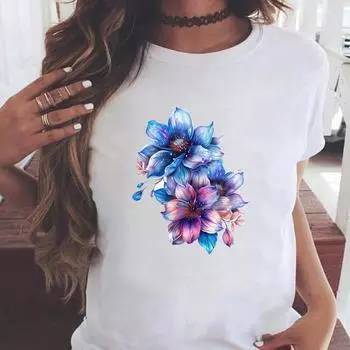 (Азиатский размер) Милый цветок 90-х годов, милая повседневная женская мода, принт, короткий рукав, футболки, одежда, женский топ, графическая футболка S