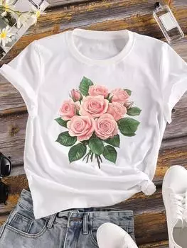 (Азиатский размер) Милый цветок, милая одежда, повседневная модная футболка с коротким рукавом, женская футболка с принтом, женская графическая футболка S