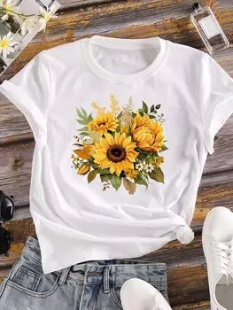 (Азиатский размер) Милый цветок, милая женская футболка, верхняя одежда, повседневная модная футболка с коротким рукавом, женская футболка с принтом и графикой для женщин S