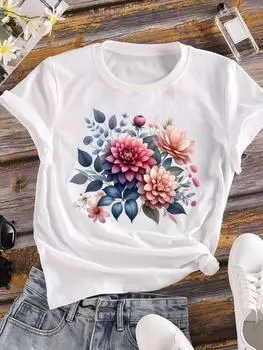 (Азиатский размер) Милый цветок растения Женская футболка Верхняя одежда Повседневная футболка с коротким рукавом с цветочным принтом Модные женские графические футболки S