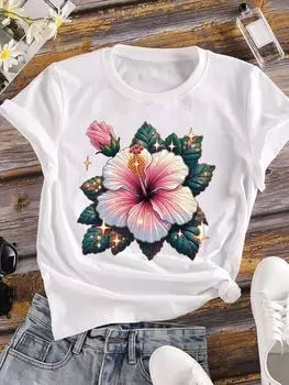 (Азиатский размер) Милый милый цветок Женская футболка Верхняя одежда Повседневная футболка с коротким рукавом с цветочным принтом Модные женские графические футболки с принтом S