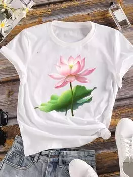(Азиатский размер) Милый милый стиль, милая одежда, повседневная женская футболка с принтом, топ с цветочным принтом, модная футболка с коротким рукавом, женские графические футболки S