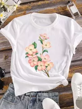 (Азиатский размер) Милый стиль 90-х Женская футболка Верхняя одежда Повседневная футболка с коротким рукавом с цветочным принтом Модные женские графические футболки S