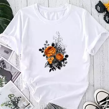 (Азиатский размер) Мода Цветочный Стиль Тенденция Прекрасный Стиль Тенденция Принт Графический Футболка Женская Повседневная Футболка Одежда Повседневная Женская Топ Футболка с Коротким Рукавом S