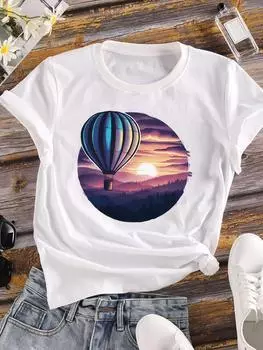 (Азиатский размер) Мода на путешествия и праздники Футболка с коротким рукавом Женская футболка Верхняя одежда Повседневная Цветочная модная женская футболка с графическим принтом S