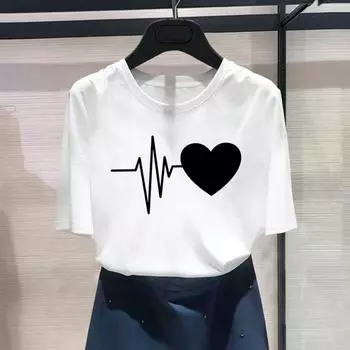 (Азиатский размер) Модная акварельная футболка с сердечком в стиле тренда и графическим принтом, женская повседневная футболка, повседневная женская футболка с коротким рукавом S