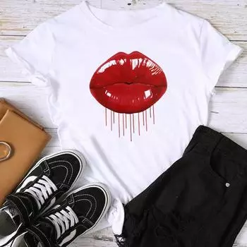 (Азиатский размер) Модная акварельная футболка в стиле губ, тренд, милая футболка с графическим принтом 90-х годов, женская повседневная футболка, повседневная женская футболка с коротким рукавом S