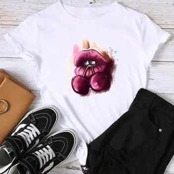 (Азиатский размер) Модная акварельная губная милая футболка с милым принтом 90-х годов, женская повседневная футболка, повседневная женская футболка с коротким рукавом S