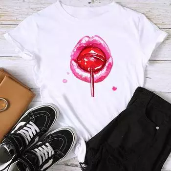 (Азиатский размер) Модная акварельная трендовая футболка для губ, милая милая футболка с графическим принтом, женская повседневная футболка, повседневная женская футболка с коротким рукавом S