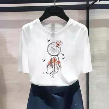 (Азиатский размер) Модная футболка Dream Web в милом стиле с милым трендовым принтом и графическим принтом, женская повседневная футболка, повседневная женская летняя футболка с коротким рукавом S
