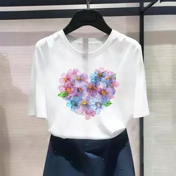 (Азиатский размер) Модная футболка с акварельным цветочным принтом и сердечком, трендовая графическая футболка, женская повседневная футболка, повседневная женская футболка с коротким рукавом S