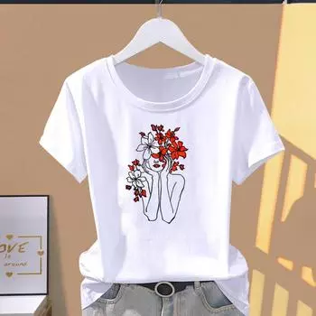 (Азиатский размер) Модная футболка с цветочным принтом и цветочным принтом в стиле 90-х годов, женская повседневная футболка, повседневная женская летняя футболка с коротким рукавом S