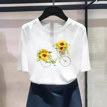 (Азиатский размер) Модная футболка с графическим принтом, женская велосипедная цветочная тенденция, повседневная футболка 90-х годов, повседневная женская летняя футболка с коротким рукавом S