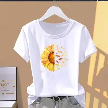 (Азиатский размер) Модная футболка с графическим принтом, цветочная стрекоза, тренд, милая женская повседневная футболка 90-х годов, повседневная женская летняя футболка с коротким рукавом S