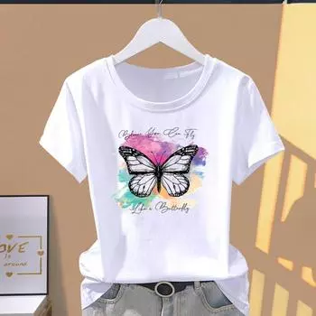 (Азиатский размер) Модная футболка с графическим принтом, женская акварель, сладкий стиль 90-х, трендовая повседневная футболка, повседневная женская летняя футболка с коротким рукавом S