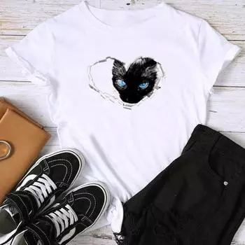 (Азиатский размер) Модная футболка с изображением кошачьего лица, милая футболка с графическим принтом, женская повседневная футболка, повседневная женская летняя футболка с коротким рукавом S