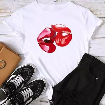 (Азиатский размер) Модная футболка с принтом губ Sweet Love Trend, стильная милая футболка с графическим рисунком, женская повседневная футболка, повседневная женская футболка с коротким рукавом S