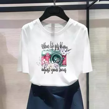 (Азиатский размер) Модная футболка с принтом камеры и буквами, милая милая трендовая милая женская повседневная футболка, повседневная женская футболка с коротким рукавом и графическим принтом S
