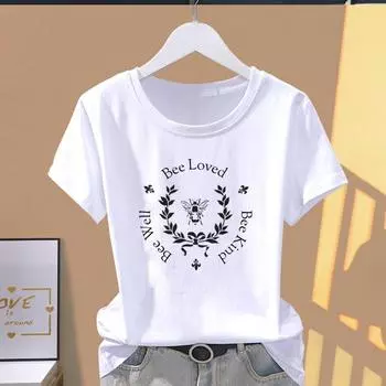 (Азиатский размер) Модная футболка с принтом пчелы и буквенным принтом, милая футболка с рисунком, женская повседневная футболка, повседневная женская летняя футболка с коротким рукавом S
