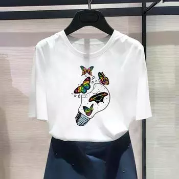 (Азиатский размер) Модная футболка с рисунком бабочки и принтом в стиле 90-х, женская повседневная футболка, повседневная женская футболка с коротким рукавом S