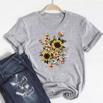 (Азиатский размер)Модная одежда в цветочном стиле, повседневная женская футболка с коротким рукавом и принтом, женская футболка 90-х годов с милым графическим рисунком, модная футболка S