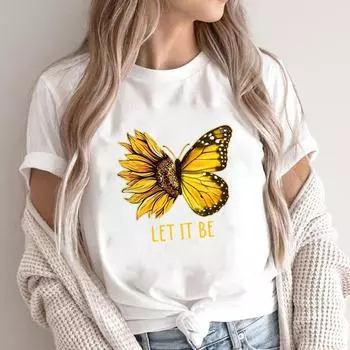 (Азиатский размер) Модная женская футболка с принтом бабочки и буквами в стиле 90-х годов, милая повседневная футболка, повседневная женская футболка с коротким рукавом и графическим принтом S