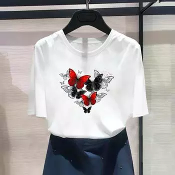 (Азиатский размер) Модная женская повседневная футболка с принтом Love Heart и бабочкой в стиле 90-х, повседневная женская футболка с коротким рукавом и графическим рисунком S