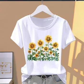 (Азиатский размер) Модные футболки с коротким рукавом с принтом, женская футболка с принтом в виде цветка, повседневная женская футболка с графическим принтом S