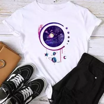 (Азиатский размер) Модный акварельный сладкий тренд 90-х годов с милым принтом, женский повседневный женский топ, повседневная футболка, футболка с графическим рисунком, футболка с коротким рукавом S