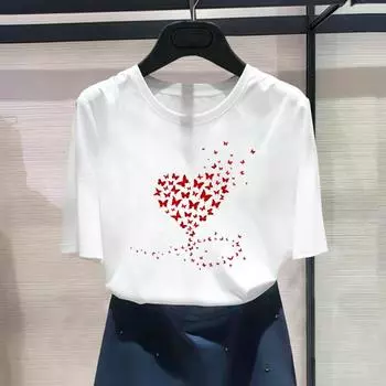 (Азиатский размер) Модный принт «Бабочка, любовь, сердце», тренд, милая, милая футболка с рисунком, женская повседневная футболка, повседневная женская футболка с коротким рукавом S