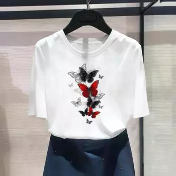 (Азиатский размер) Модный принт бабочки, сладкий тренд 90-х годов, милая женская повседневная футболка, повседневная женская футболка с коротким рукавом и графическим принтом S