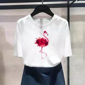 (Азиатский размер) Модный принт Фламинго, пляжный тренд, футболка с рисунком 90-х годов, женская повседневная футболка, повседневная женская летняя футболка с коротким рукавом S