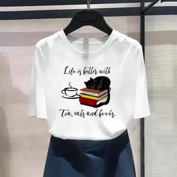 (Азиатский размер) Модный принт «кошка-книга», тренд, милая женская повседневная футболка 90-х годов, повседневная женская футболка с коротким рукавом и графическим принтом S