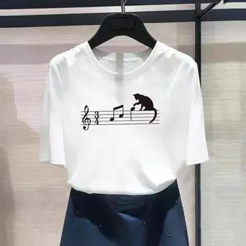 (Азиатский размер) Модный принт кота, трендовый стиль, сладкий женский повседневный женский топ 90-х годов, повседневная футболка, футболка с коротким рукавом и рисунком S