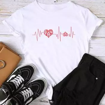 (Азиатский размер) Модный принт Love Heart Sweet 90-х годов, тренд, милый женский повседневный женский топ, повседневная футболка, футболка с графическим рисунком, футболка с коротким рукавом S