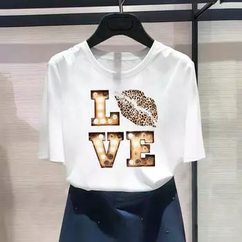 (Азиатский размер) Модный принт Love Lip Trend, милая милая стильная футболка с графическим рисунком, женская повседневная футболка, повседневная женская футболка с коротким рукавом S