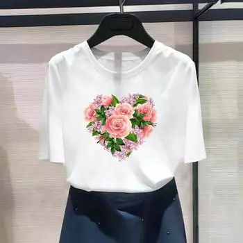 (Азиатский размер) Модный принт Любовь Сердце Цветок Тенденция Милая женская повседневная футболка Повседневный женский топ с графическим принтом Футболка с коротким рукавом S
