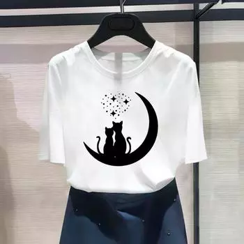 (Азиатский размер) Модный принт Moon Cat Love Sweet женский повседневный женский топ повседневная футболка футболка с коротким рукавом и рисунком S