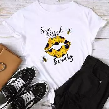 (Азиатский размер) Модный принт «Пчелка сладкая губа» 90-х годов, милый женский повседневный женский топ, повседневная футболка, футболка с коротким рукавом и рисунком S