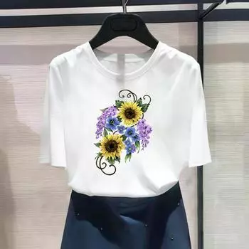 (Азиатский размер) Модный принт с цветочным акварельным принтом, милый стиль, женская повседневная футболка, повседневная женская футболка с коротким рукавом и графическим принтом S
