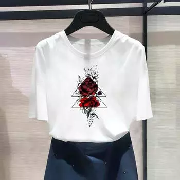(Азиатский размер) Модный принт с цветочным акварельным трендом, милая женская повседневная футболка 90-х годов, повседневная женская футболка с коротким рукавом и графическим принтом S