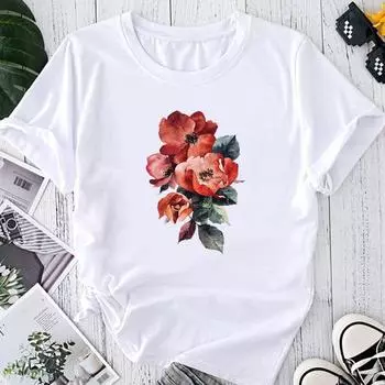 (Азиатский размер) Модный принт с цветочным акварельным рисунком 90-х годов, трендовая милая футболка с рисунком, женская повседневная футболка, повседневная женская футболка с коротким рукавом S