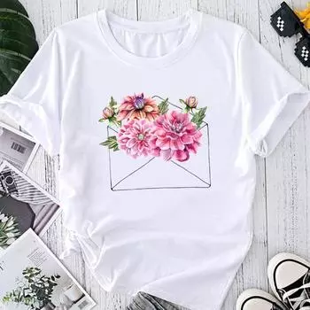 (Азиатский размер) Модный принт с цветочным принтом, милая трендовая футболка с рисунком 90-х годов, женская повседневная футболка, повседневная женская футболка с коротким рукавом S