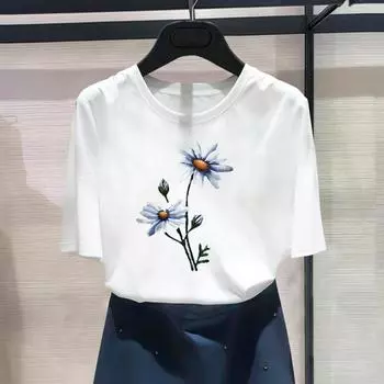 (Азиатский размер) Модный принт с цветочным принтом, стильная тенденция, милая женская повседневная футболка, повседневная женская футболка с коротким рукавом и графическим принтом S