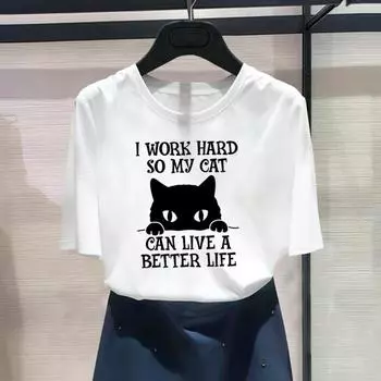 (Азиатский размер) Модный принт с изображением кошачьего лица, тренд, милый милый стиль, женский повседневный женский топ, повседневная футболка, футболка с графическим рисунком, футболка с коротким рукавом S