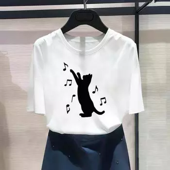 (Азиатский размер) Модный принт с изображением кошки, забавный тренд, милый милый повседневный женский топ, повседневная футболка, футболка с коротким рукавом и графикой S