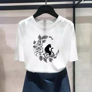 (Азиатский размер) Модный принт с изображением кота, цветочного тренда, милая женская повседневная футболка 90-х годов, повседневная футболка с графическим рисунком, футболка с коротким рукавом S