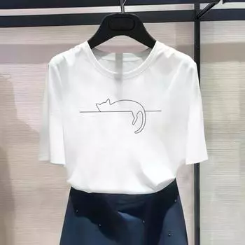(Азиатский размер) Модный принт с кошкой, милый стиль, тренд 90-х годов, повседневный женский топ, повседневная футболка, футболка с рисунком, футболка с коротким рукавом S