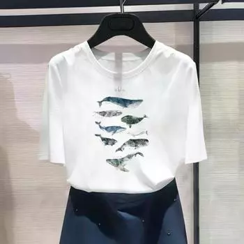 (Азиатский размер) Модный принт с милым пляжным животным трендом, футболка с рисунком 90-х годов, женская повседневная футболка, повседневная женская летняя футболка с коротким рукавом S